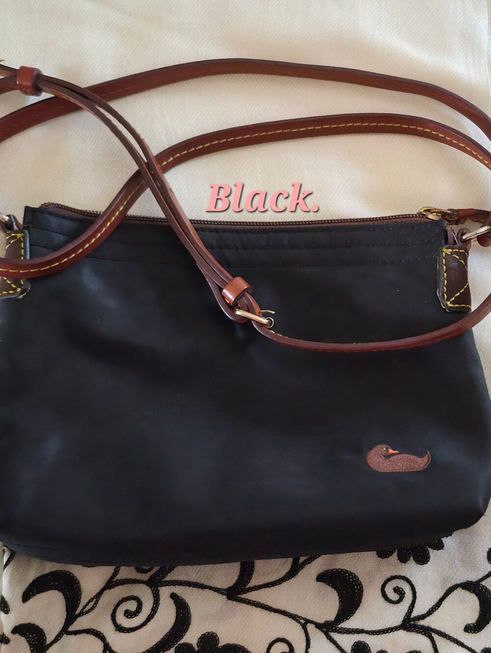 Dooney & Bourke Black Crossbody Shoulder Bag with Brown Leather Trim